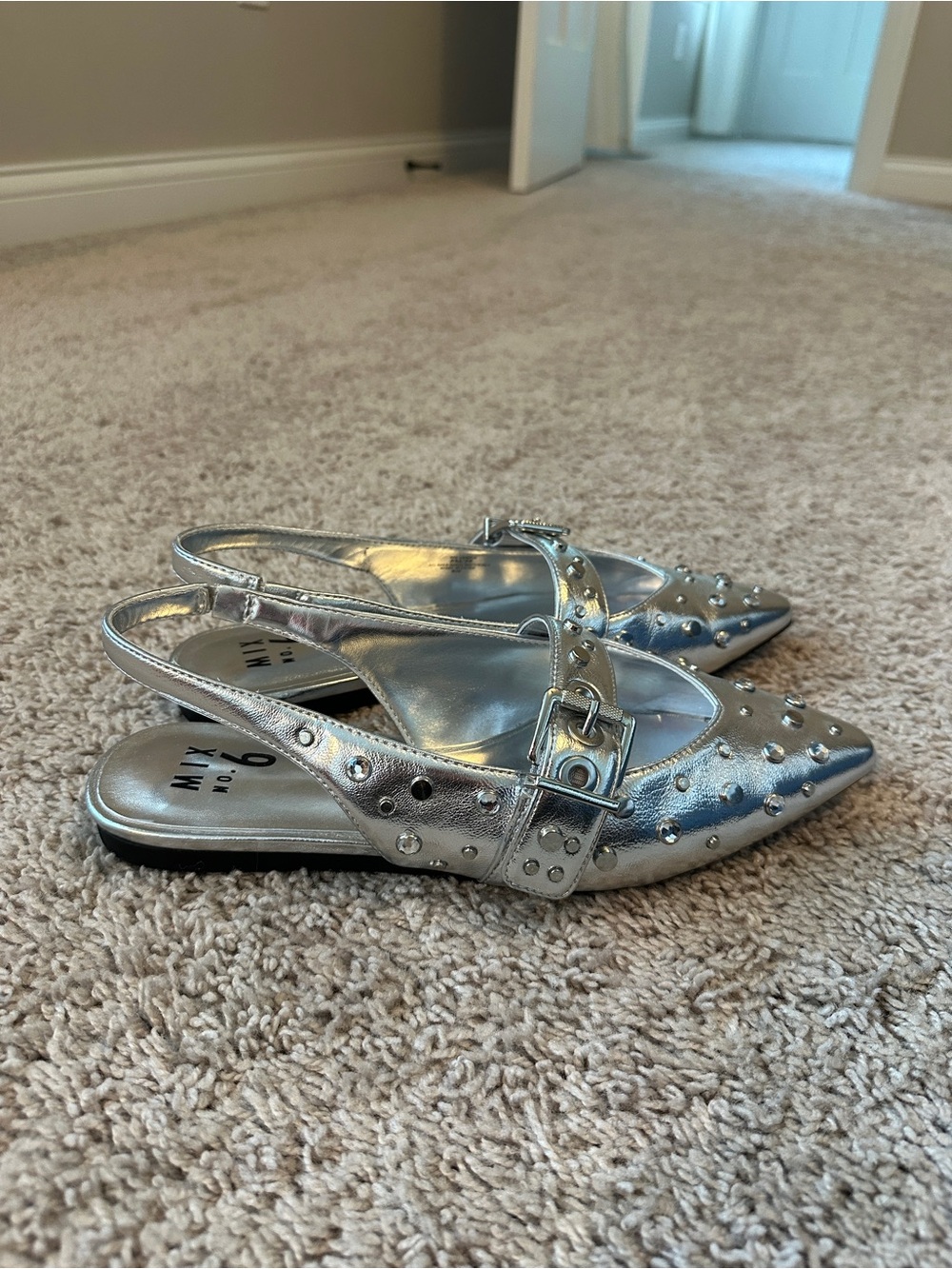 Mix No. 6 Metallic Silver Studded Slingback Flats